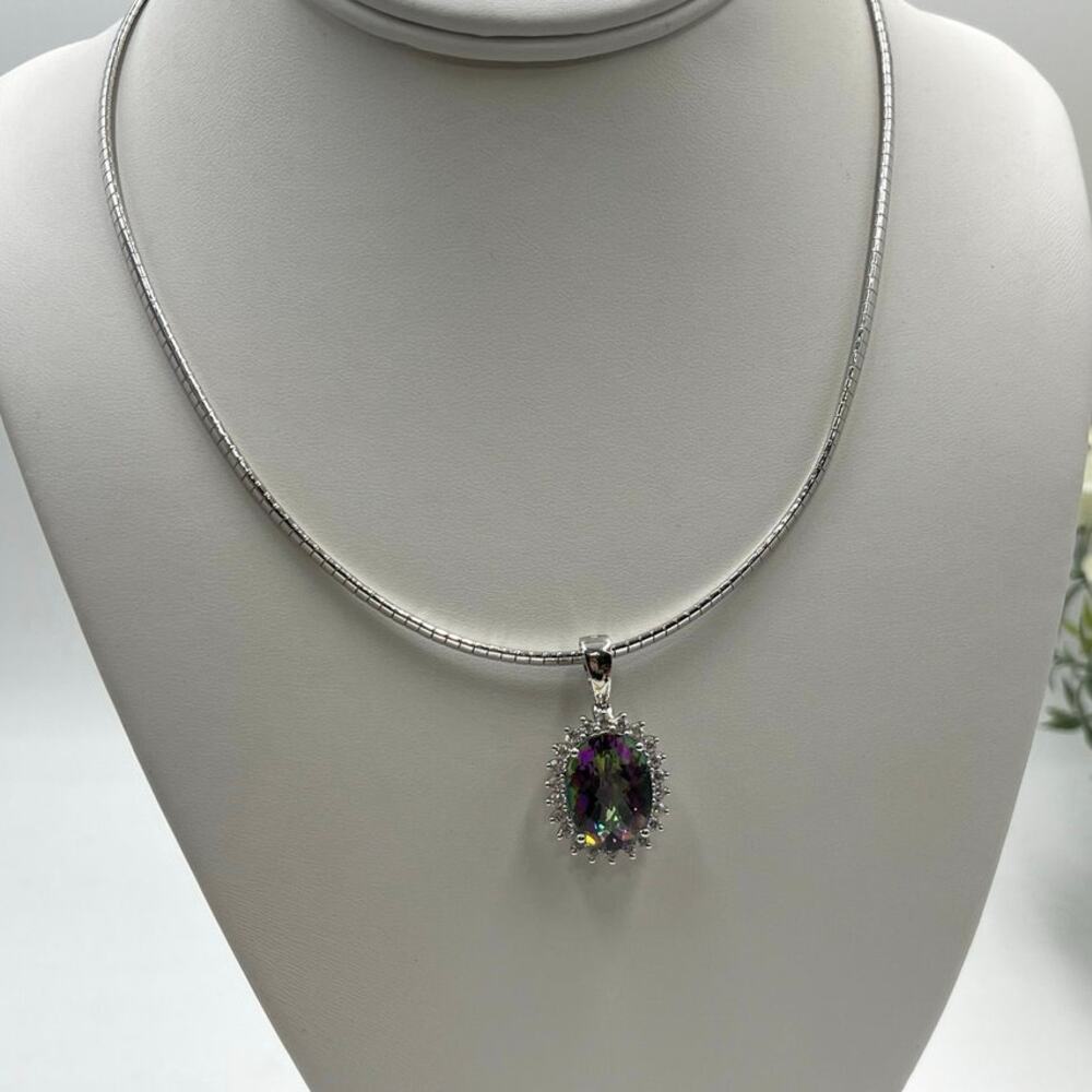 JH‎ Large Mystic Rainbow Topaz Halo Pendant Sterling Omega Chain Necklace